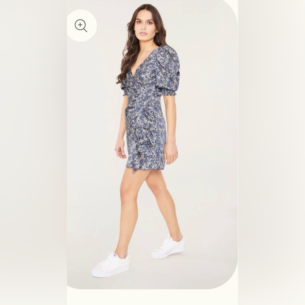 cinq a sept Blue Floral Puff-Sleeve Wrap Mini Dress
